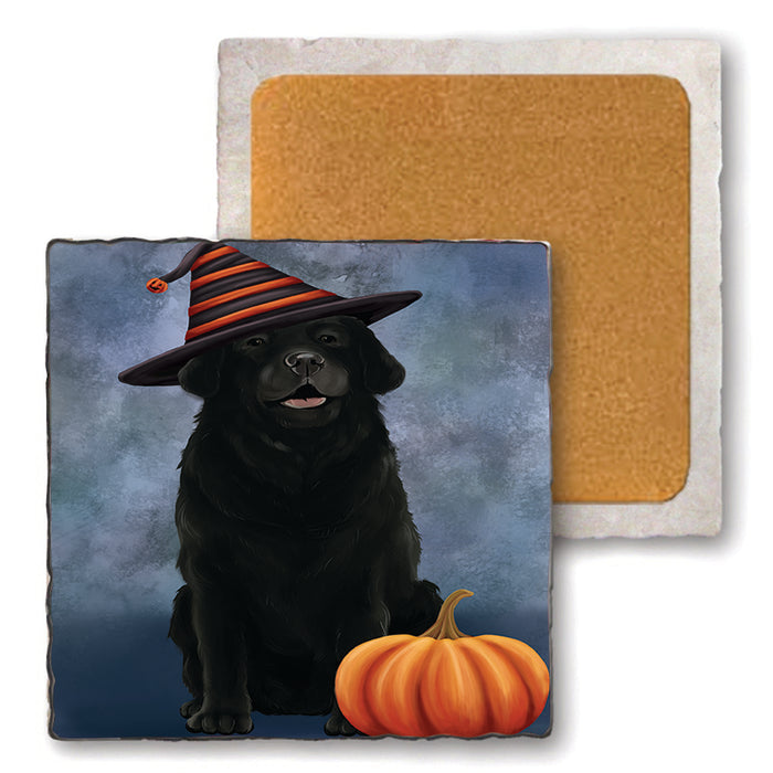 Happy Halloween Labrador Retriever Dog Wearing Witch Hat with Pumpkin Set of 4 Natural Stone Marble Tile Coasters MCST49962