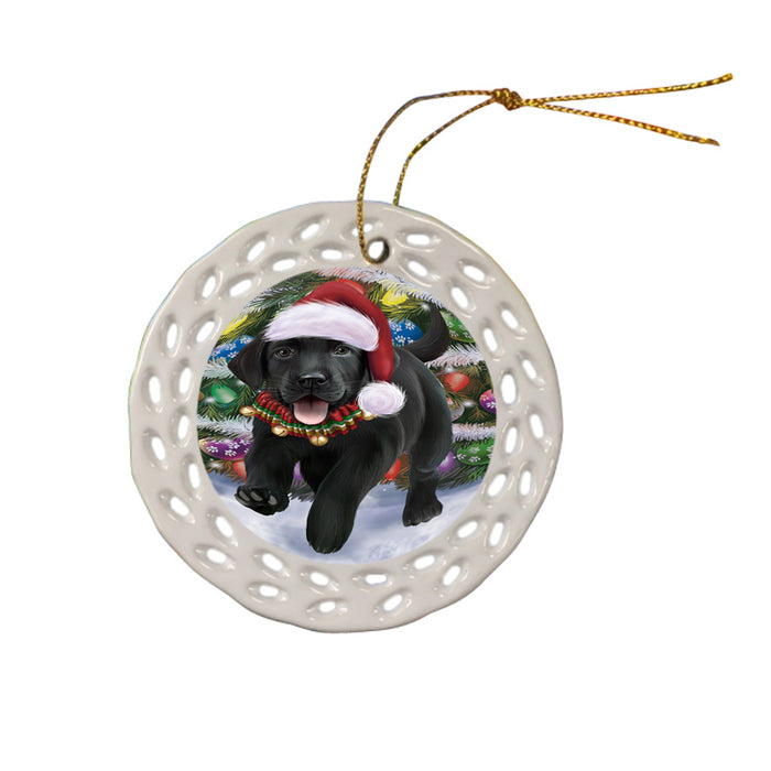 Trotting in the Snow Labrador Retriever Dog Ceramic Doily Ornament DPOR54715