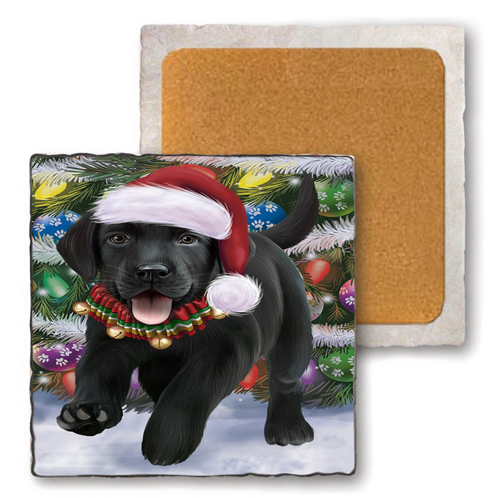 Trotting in the Snow Labrador Retriever Dog Set of 4 Natural Stone Marble Tile Coasters MCST49587