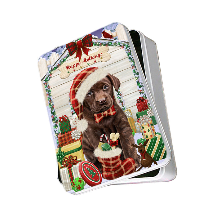 Happy Holidays Christmas Labrador Retriever Dog House with Presents Photo Storage Tin PITN51438