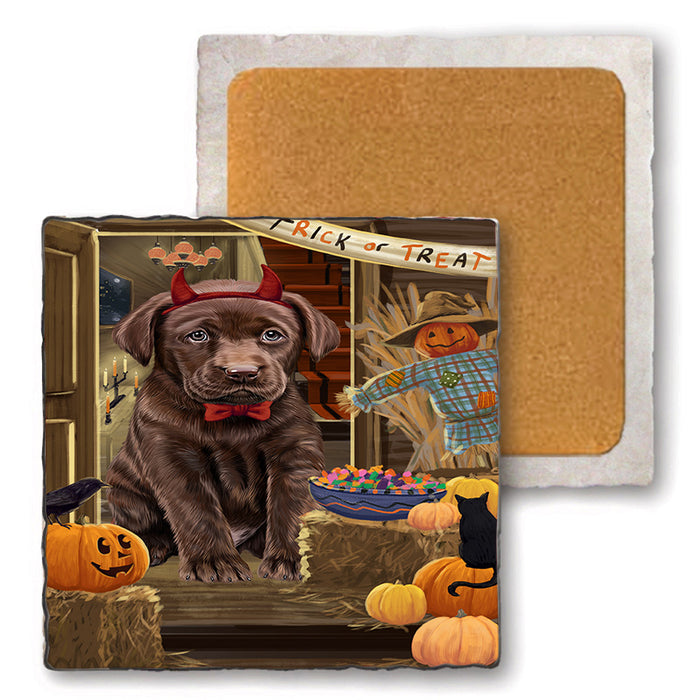 Enter at Own Risk Trick or Treat Halloween Labrador Retriever Dog Set of 4 Natural Stone Marble Tile Coasters MCST48177