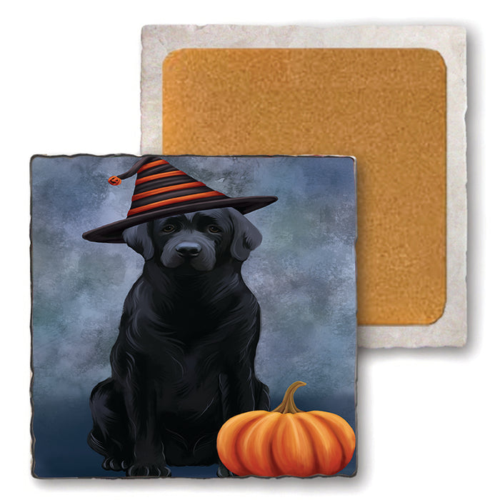 Happy Halloween Labrador Retriever Dog Wearing Witch Hat with Pumpkin Set of 4 Natural Stone Marble Tile Coasters MCST49963