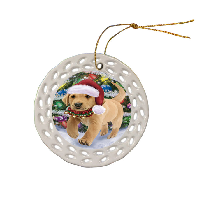 Trotting in the Snow Labrador Retriever Dog Ceramic Doily Ornament DPOR54716