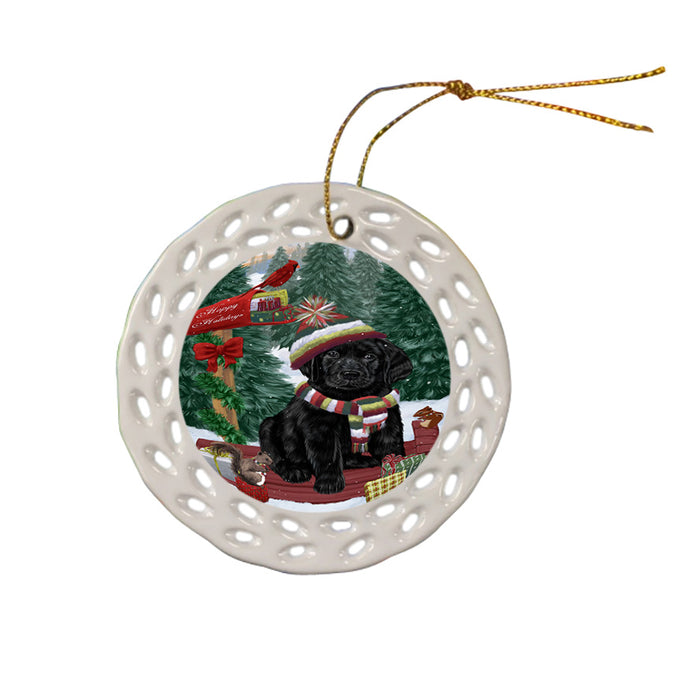 Merry Christmas Woodland Sled Labrador Retriever Dog Ceramic Doily Ornament DPOR55318