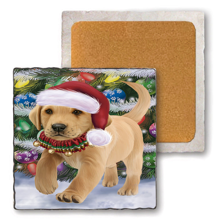 Trotting in the Snow Labrador Retriever Dog Set of 4 Natural Stone Marble Tile Coasters MCST49588