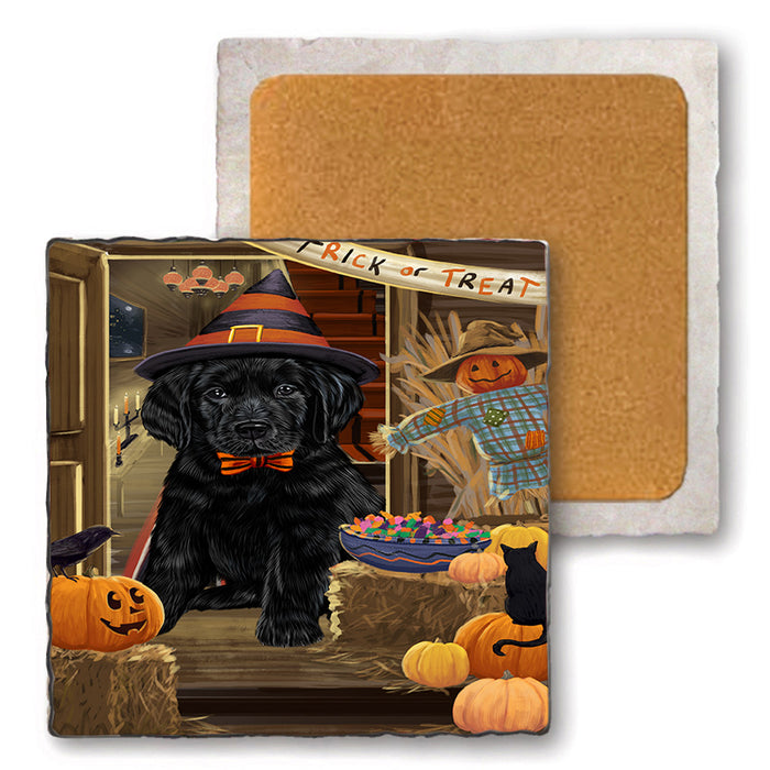 Enter at Own Risk Trick or Treat Halloween Labrador Retriever Dog Set of 4 Natural Stone Marble Tile Coasters MCST48178