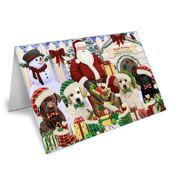Happy Holidays Christmas Labrador Retrievers Dog House Gathering Handmade Artwork Assorted Pets Greeting Cards and Note Cards with Envelopes for All Occasions and Holiday Seasons GCD58400
