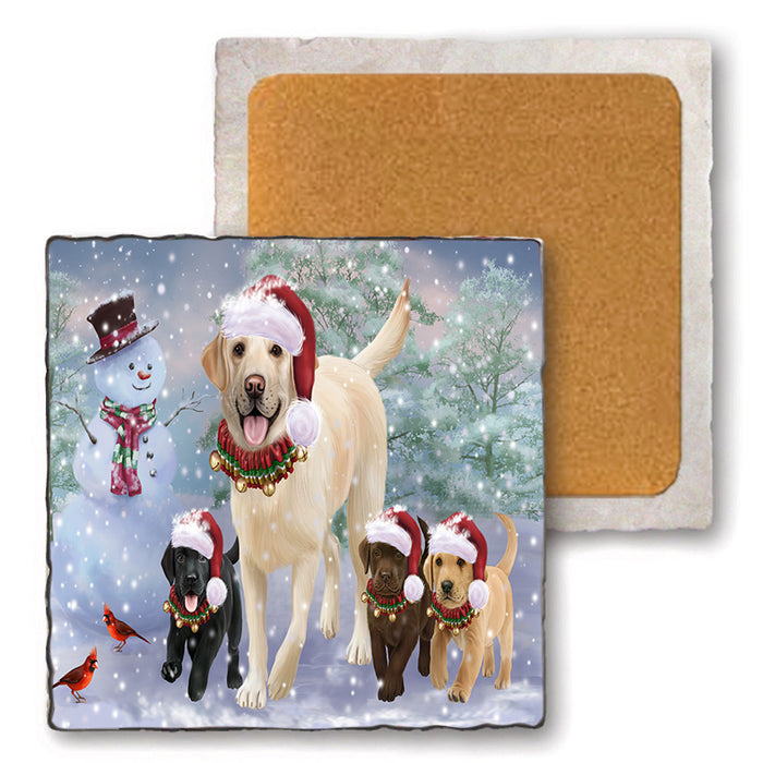 Christmas Running Family Dogs Labrador Retrievers Dog Set of 4 Natural Stone Marble Tile Coasters MCST49224