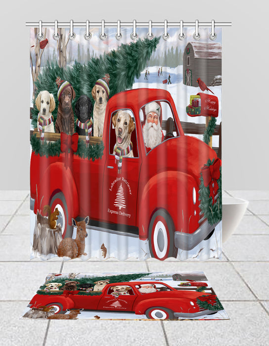 Christmas Santa Express Delivery Red Truck Labrador Dogs Bath Mat and Shower Curtain Combo