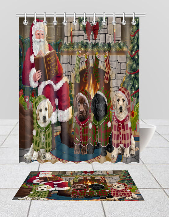 Christmas Cozy Holiday Fire Tails Labrador Dogs Bath Mat and Shower Curtain Combo