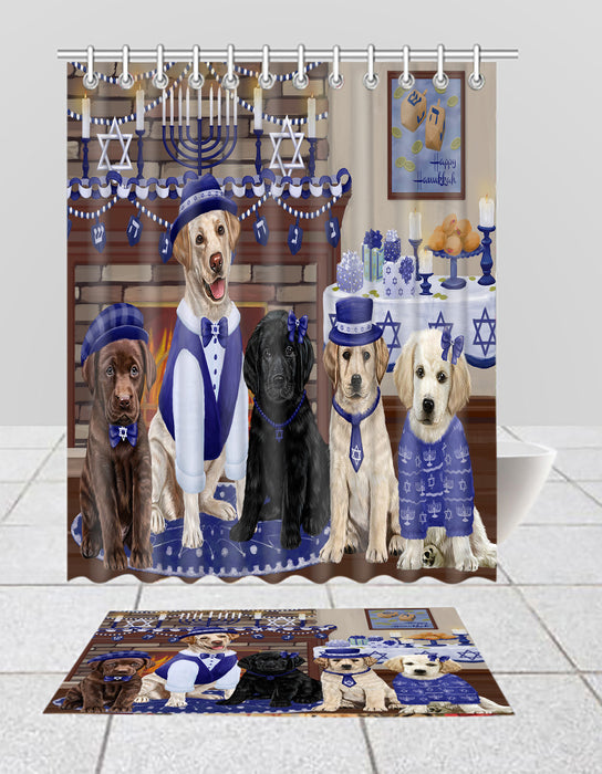 Happy Hanukkah Family Labrador Dogs Bath Mat and Shower Curtain Combo
