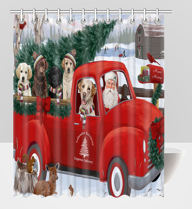Christmas Santa Express Delivery Red Truck Labrador Dogs Shower Curtain