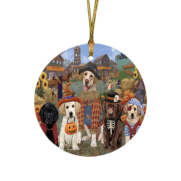 Halloween 'Round Town And Fall Pumpkin Scarecrow Both Labradors Dogs Round Flat Christmas Ornament RFPOR57411