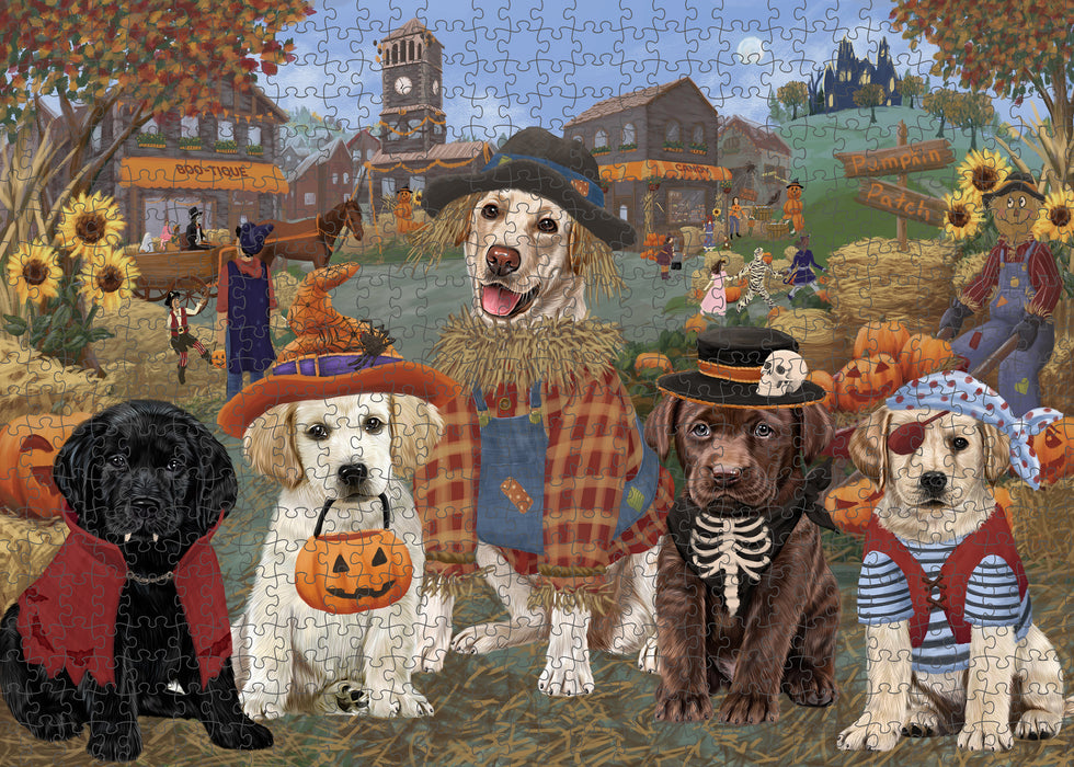 Halloween 'Round Town And Fall Pumpkin Scarecrow Both Labradors Dogs Puzzle with Photo Tin PUZL96336