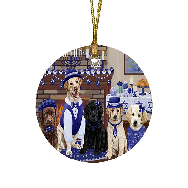 Happy Hanukkah Family and Happy Hanukkah Both Labradors Dogs Round Flat Christmas Ornament RFPOR57533