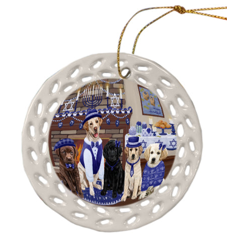 Happy Hanukkah Family Labradors Dogs Doily Ornament DPOR57987
