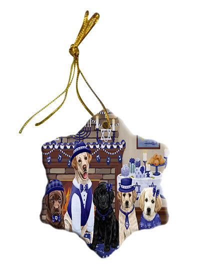 Happy Hanukkah Family Labradors Dogs Star Porcelain Ornament SPOR57629