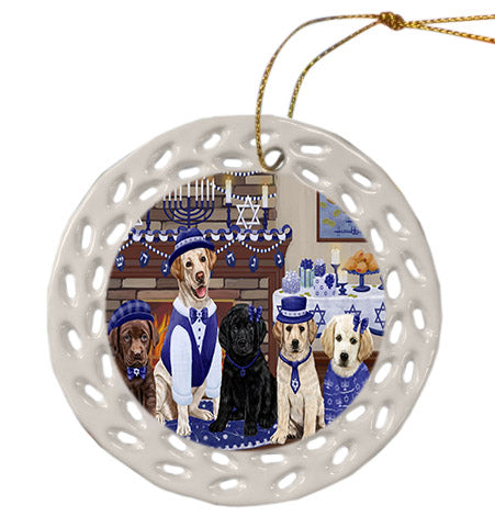 Happy Hanukkah Family Labradors Dogs Ceramic Doily Ornament DPOR57629