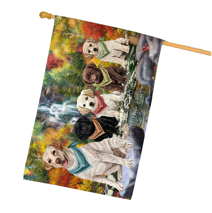 Scenic Waterfall Labrador Dogs House Flag Outdoor Decorative Double Sided Pet Portrait Weather Resistant Premium Quality Animal Printed Home Decorative Flags 100% Polyester
