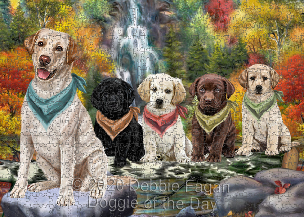 Scenic Waterfall Labrador Dogs Portrait Jigsaw Puzzle for Adults Animal Interlocking Puzzle Game Unique Gift for Dog Lover's with Metal Tin Box