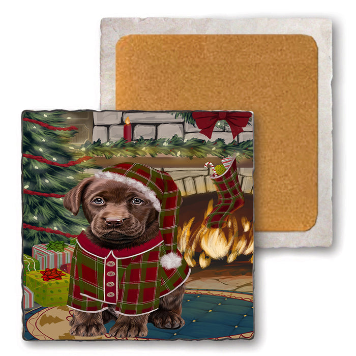 The Stocking was Hung Labrador Dog Set of 4 Natural Stone Marble Tile Coasters MCST50348