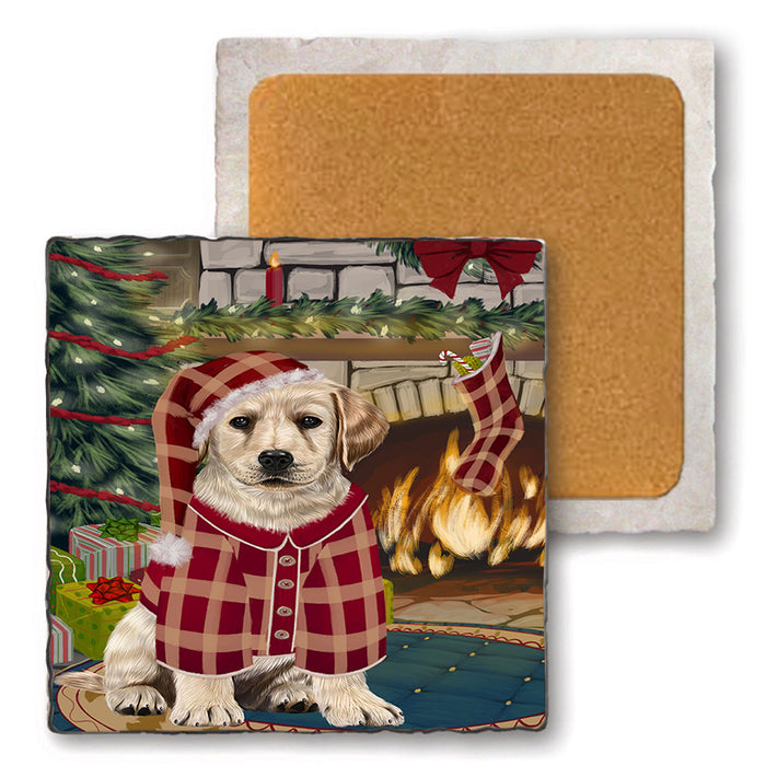 The Stocking was Hung Labrador Dog Set of 4 Natural Stone Marble Tile Coasters MCST50350