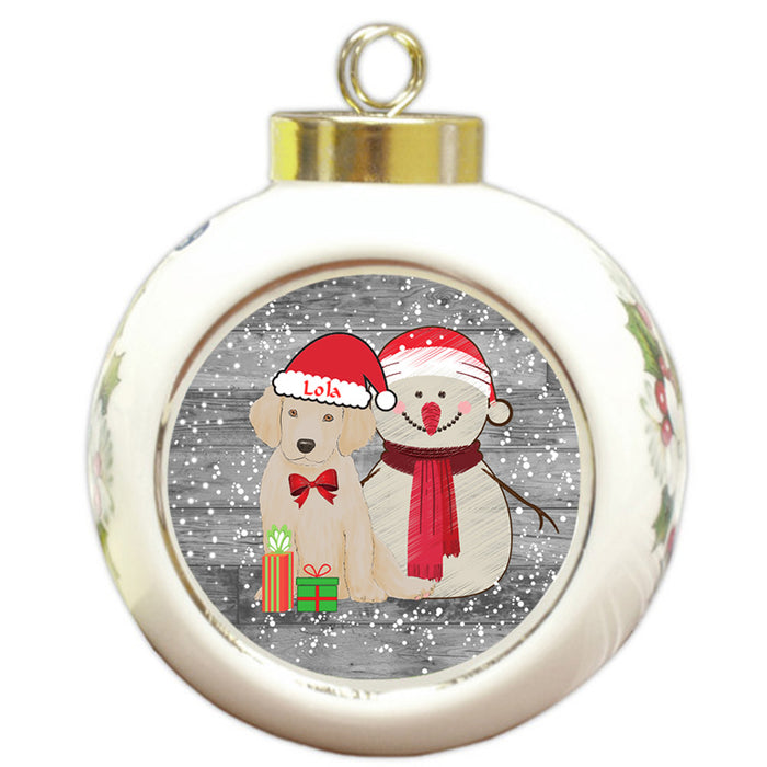 Custom Personalized Snowy Snowman and Labrador Dog Christmas Round Ball Ornament