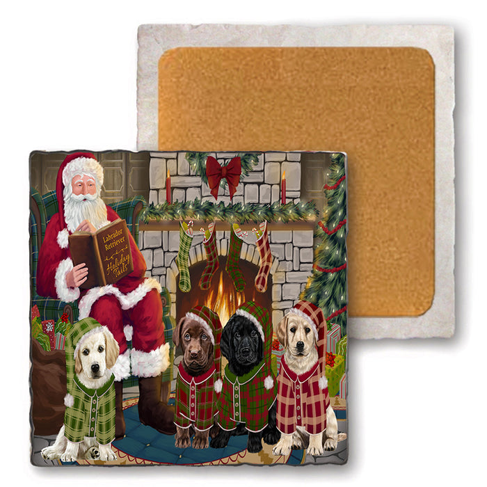 Christmas Cozy Holiday Tails Labradors Dog Set of 4 Natural Stone Marble Tile Coasters MCST50134