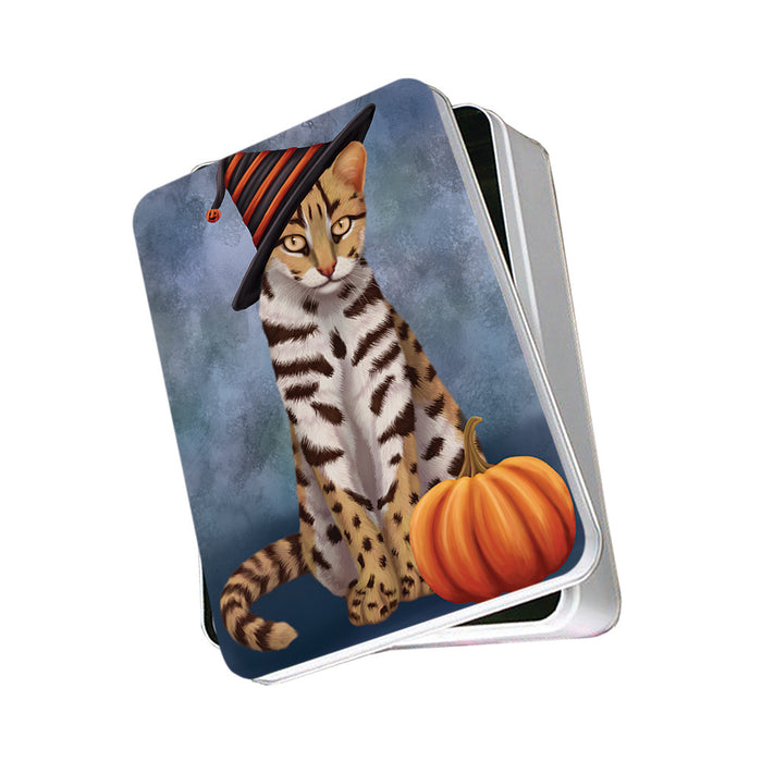 Happy Halloween Leopard Cat Wearing Witch Hat with Pumpkin Photo Storage Tin PITN54844