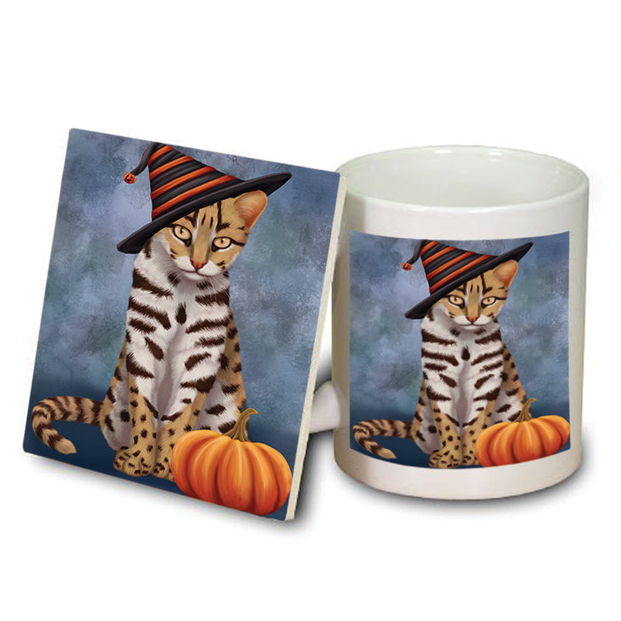 Happy Halloween Leopard Cat Wearing Witch Hat with Pumpkin Mug and Coaster Set MUC54893