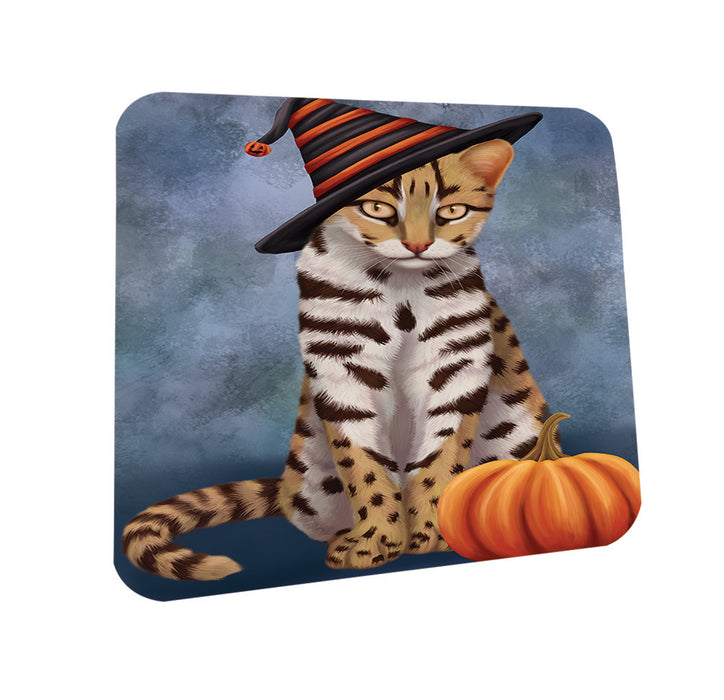 Happy Halloween Leopard Cat Wearing Witch Hat with Pumpkin Coasters Set of 4 CST54859