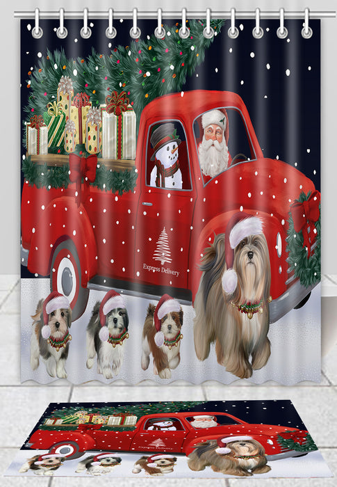 Christmas Express Delivery Red Truck Running Lhasa Apso Dogs Bath Mat and Shower Curtain Combo