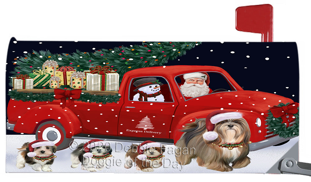 Christmas Express Delivery Red Truck Running Lhasa Apso Dog Magnetic Mailbox Cover Both Sides Pet Theme Printed Decorative Letter Box Wrap Case Postbox Thick Magnetic Vinyl Material