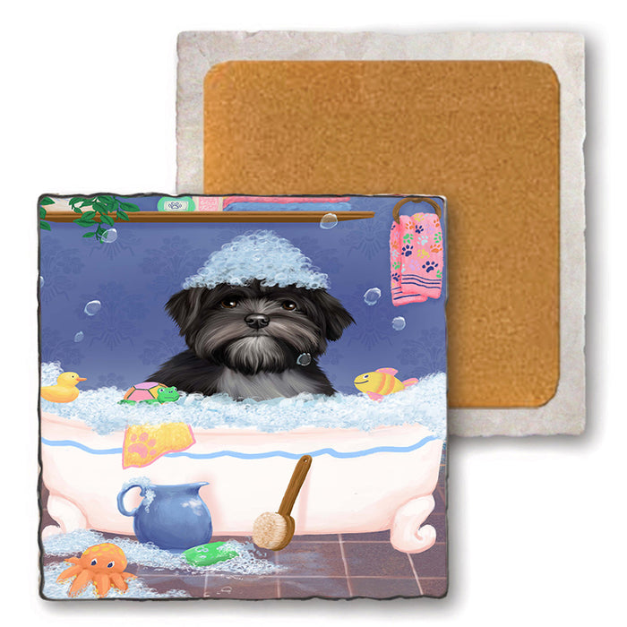 Rub A Dub Dog In A Tub Lhasa Apso Dog Set of 4 Natural Stone Marble Tile Coasters MCST52394