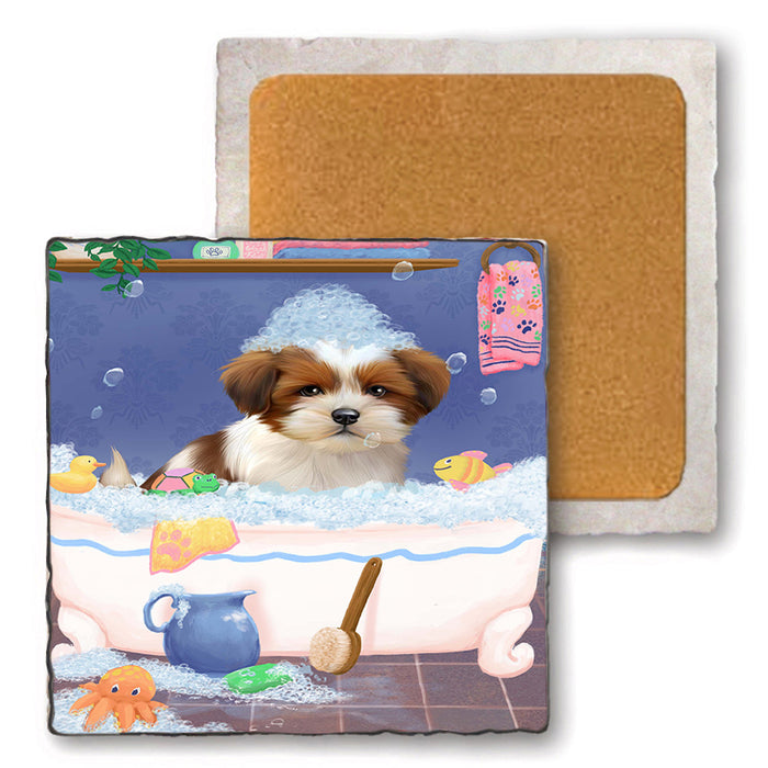 Rub A Dub Dog In A Tub Lhasa Apso Dog Set of 4 Natural Stone Marble Tile Coasters MCST52391