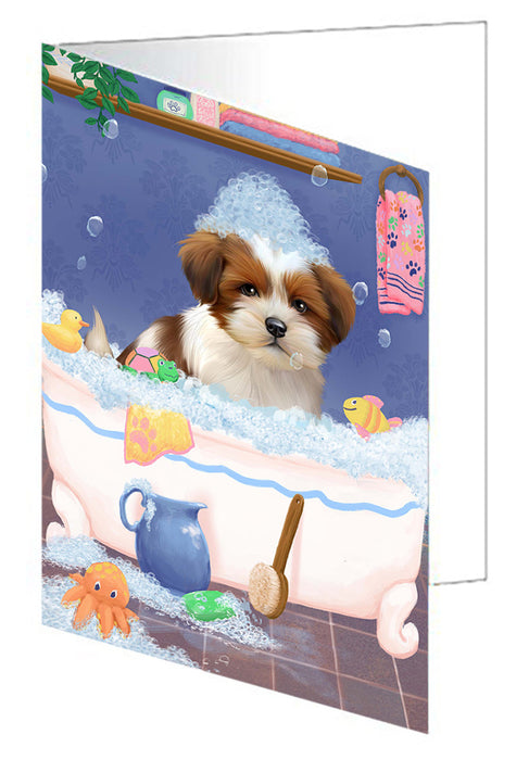 Rub A Dub Dog In A Tub Lhasa Apso Dog Handmade Artwork Assorted Pets Greeting Cards and Note Cards with Envelopes for All Occasions and Holiday Seasons GCD79487