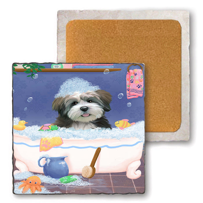 Rub A Dub Dog In A Tub Lhasa Apso Dog Set of 4 Natural Stone Marble Tile Coasters MCST52392