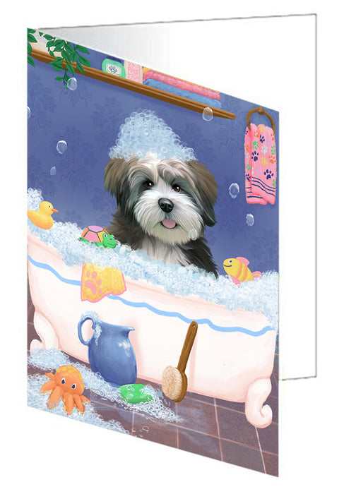 Rub A Dub Dog In A Tub Lhasa Apso Dog Handmade Artwork Assorted Pets Greeting Cards and Note Cards with Envelopes for All Occasions and Holiday Seasons GCD79490