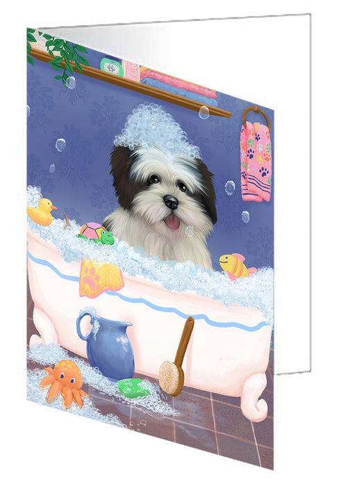 Rub A Dub Dog In A Tub Lhasa Apso Dog Handmade Artwork Assorted Pets Greeting Cards and Note Cards with Envelopes for All Occasions and Holiday Seasons GCD79493