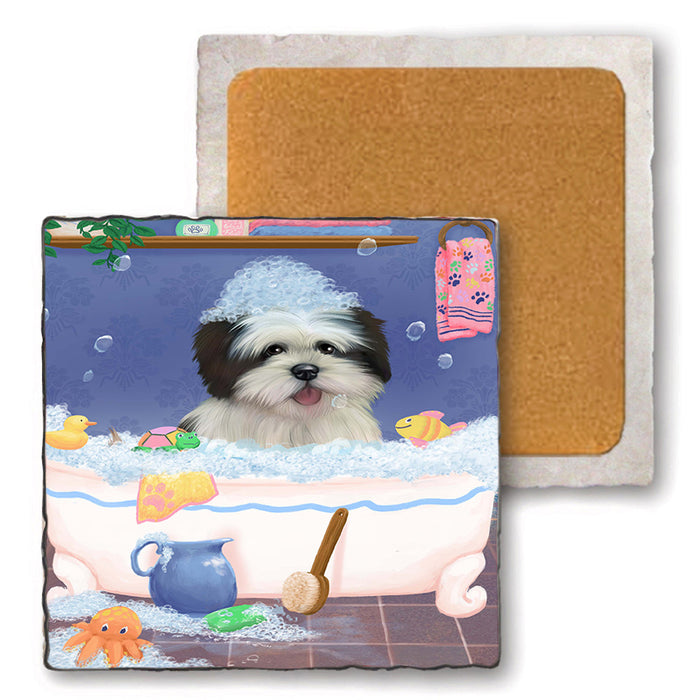 Rub A Dub Dog In A Tub Lhasa Apso Dog Set of 4 Natural Stone Marble Tile Coasters MCST52393