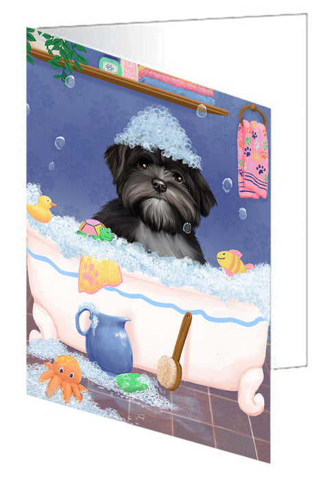 Rub A Dub Dog In A Tub Lhasa Apso Dog Handmade Artwork Assorted Pets Greeting Cards and Note Cards with Envelopes for All Occasions and Holiday Seasons GCD79496