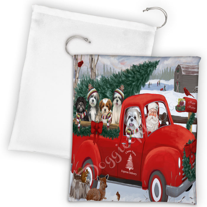 Christmas Santa Express Delivery Red Truck Lhasa Apso Dogs Drawstring Laundry or Gift Bag LGB48320