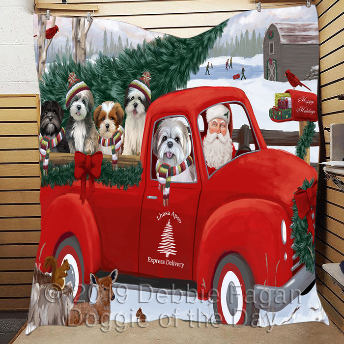Christmas Santa Express Delivery Red Truck Lhasa Apso Dogs Quilt