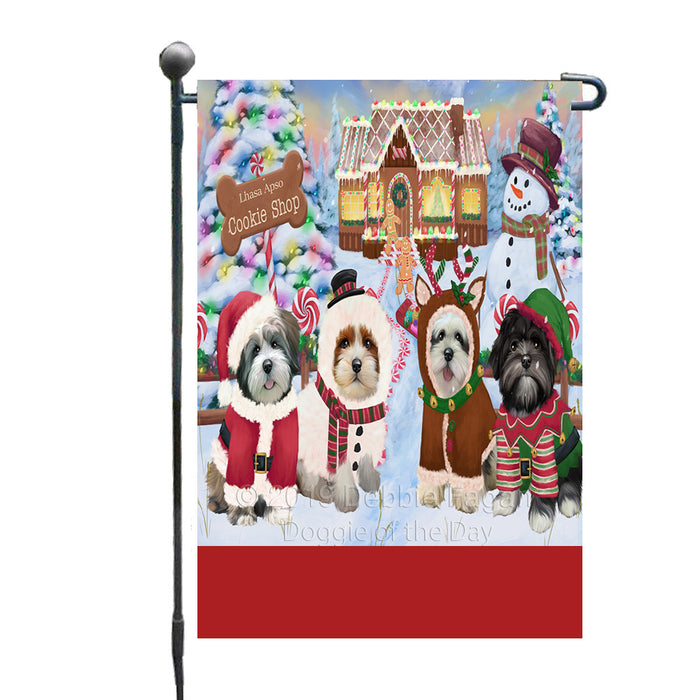 Personalized Holiday Gingerbread Cookie Shop Lhasa Apso Dogs Custom Garden Flags GFLG-DOTD-A59216