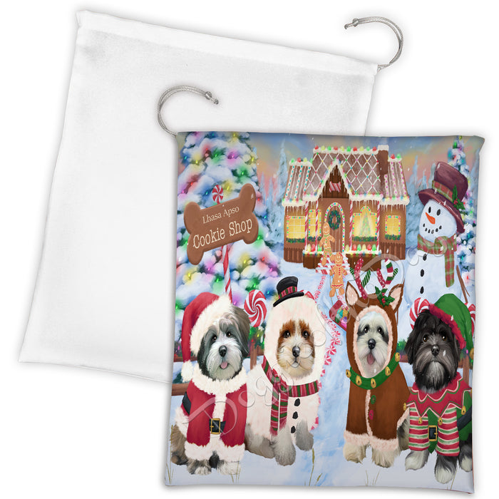 Holiday Gingerbread Cookie Lhasa Apso Dogs Shop Drawstring Laundry or Gift Bag LGB48611