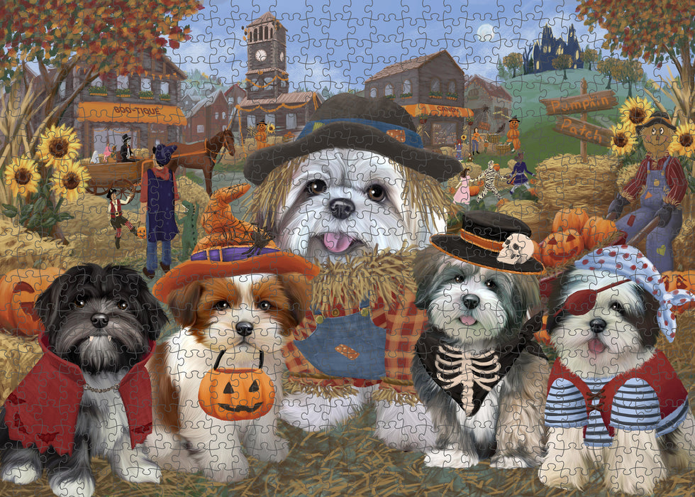Halloween 'Round Town And Fall Pumpkin Scarecrow Both Lhasa Apso Dogs Puzzle with Photo Tin PUZL96340