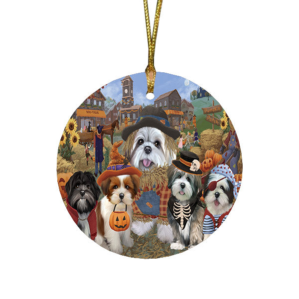 Halloween 'Round Town And Fall Pumpkin Scarecrow Both Lhasa Apso Dogs Round Flat Christmas Ornament RFPOR57412
