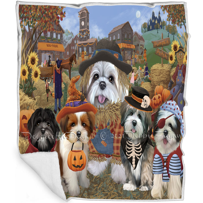 Halloween 'Round Town And Fall Pumpkin Scarecrow Both Lhasa Apso Dogs Blanket BLNKT139034