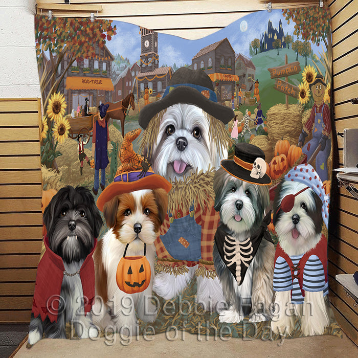 Halloween 'Round Town and Fall Pumpkin Scarecrow Both Lhasa Apso Dogs Quilt