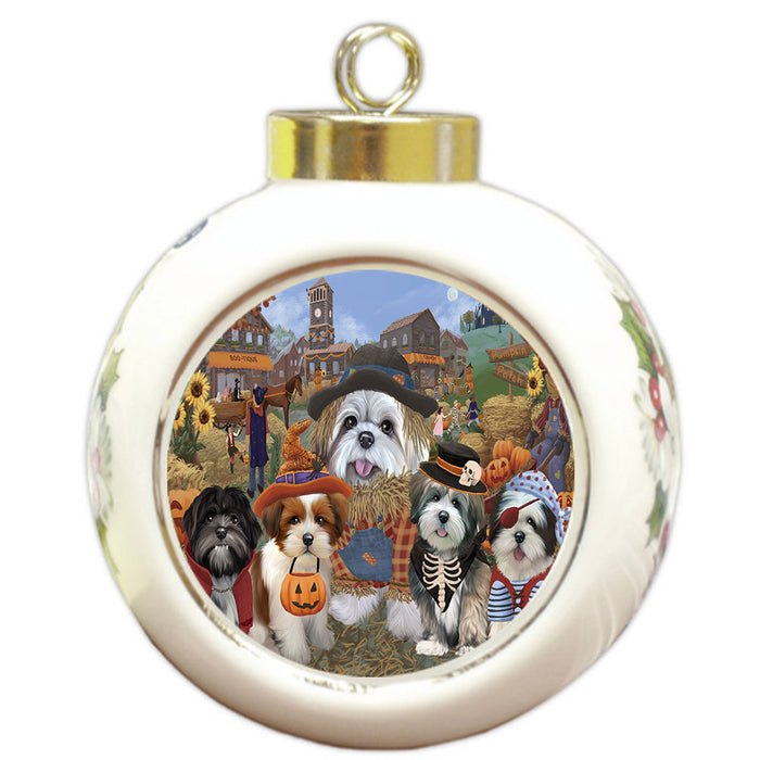 Halloween 'Round Town And Fall Pumpkin Scarecrow Both Lhasa Apso Dogs Round Ball Christmas Ornament RBPOR57412